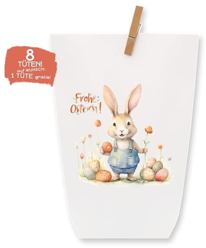 Paul's Papierfabrik - 8 wunderschöne Ostertüten - Einzigartiges Design aus nachhaltigem Kraftpapier, Geschenkidee oder Oster Dekoration - mit Holzklammern, Osternest zum Basteln und Verschenken