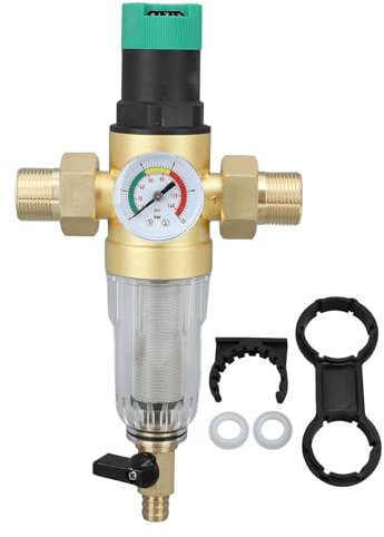 Hztyyier Reductor de Presión de Agua, Conector G1 G1/2 de Latón con Manómetro, Filtro de 40 Micras para Accesorios de Agua Domésticos