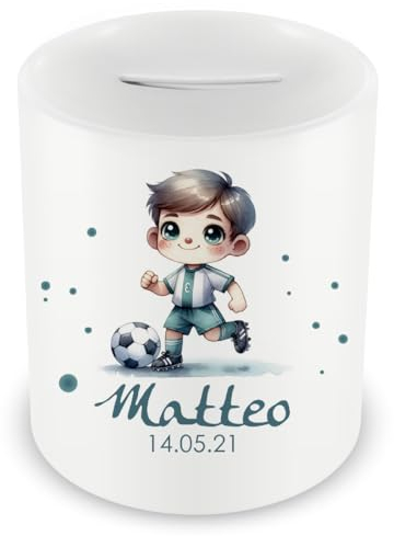 Samunshi® Kinder Spardose mit Namen und Süßer Fussballer als Motiv für Kinder - Jungen und Mädchen Sparschwein 330ml weiß