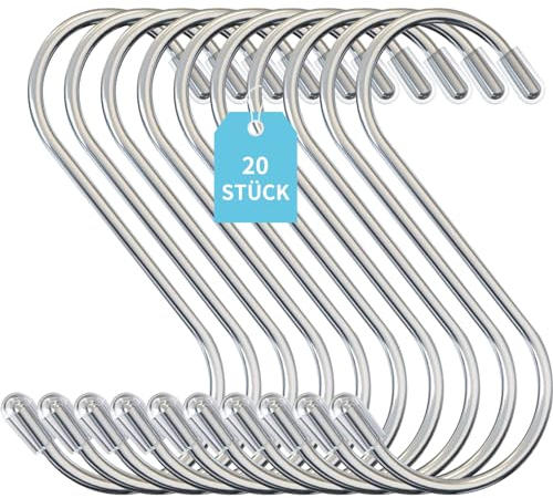 GOLDEROC 20 Stück S Haken Groß, 11 cm Haken zum Einhängen, Doppelhaken, Metallhaken, Edelstahl Haken Küche, Haken Balkongeländer, Camping Kleiderhaken, Einhängehaken, Kleiderbügel Haken