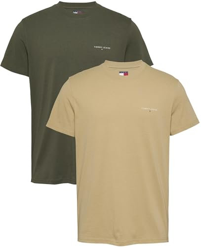 Tommy Jeans Men’s 2 Pack Linear Chest Short Sleeve Round Neck T-Shirts, Multicolor (Fatigue Green/Relic Tan), M
