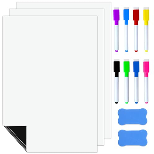 3PCS Magnetic Whiteboard for Fridge Magnetic A4 Dry Erase Whiteboard Sheets Magnetic Wipe White Board Fridge Planner Magnetic for Memos Notes Lists and Menus in Home Kitchen Office