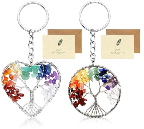 SwirlColor Baum des Lebens Schlüsselanhänger 2pcs, schöne runde Herzform 7 Chakra Heilung Kristall Baum des Lebens Schlüsselanhänger Edelstein Glück Anhänger Schlüsselanhänger Schlüsselanhänger mit 2