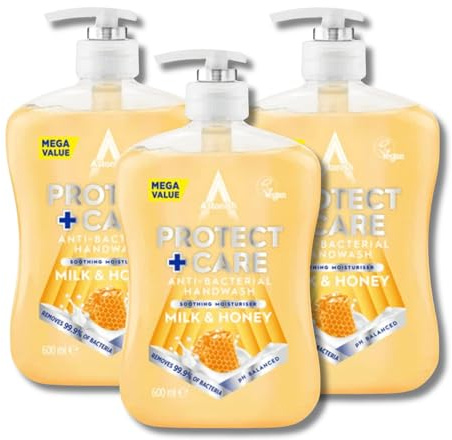 Astonish Protect and Care Kind to Skin Moisturising Anti-Bacterial Hand Wash Soap, Milk and Honey - 600ml, Pack of 3 Bottles for Lasting Hygiene and Gentle Care