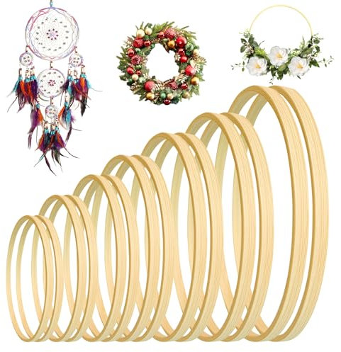 14 Stück Bambus Floral Hoop Set, Kranzringe aus Holz in 7 Verschiedenen Größen, Bambusringe Zum Basteln, Weihnachten Bambus Ringe, Traumfänger Ringe für DIY Blumenkranz Türkranz Fensterdeko