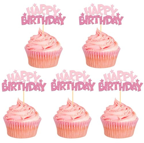 24 Stück Glitzer Geburtstag Cupcake Toppers, Happy Birthday Geburtstagsdeko, Alles Gute zum Geburtstag Kuchendekoration für Geburtstagsfeier Zubehör Party Dekoration (Pink)