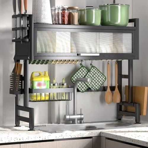 Rangement Multifonctionnel For Évier Au-dessus De La Vaisselle, Égouttoir À Couverts For Évier De Cuisine, Égouttoir À Couverts De Grande Capacité Avec Porte D'armoire For Évier(Black,85cm(33.5in))