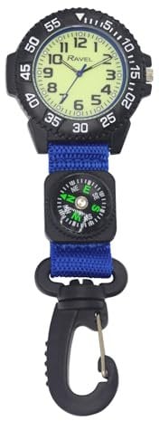 Ravel - Nylon-Karabiner-Uhr zum Anklipsen mit Kompass und im Dunkeln Leuchtendem Zifferblatt - Analoges Quarzwerk - R1108.06 - Blau
