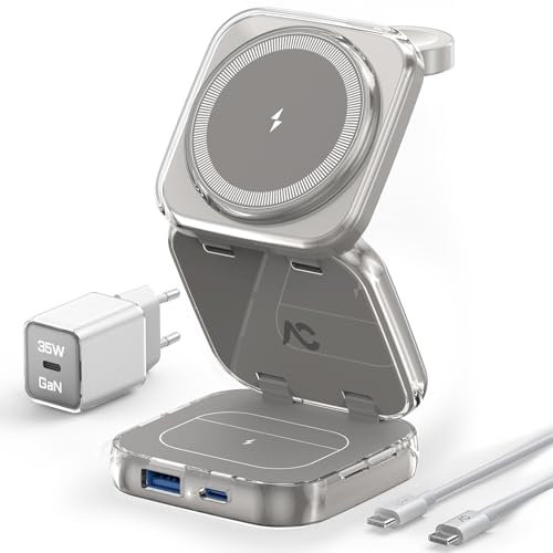 Mag-Safe Ladestation, AC Island 5 in 1 Ladestation Apple Watch und iPhone, Faltbar Reisen Wireless Charger für iPhone 16/15/14/13/12 Series, AirPods 4/3/2/Pro, Apple Watch S10-1/Ultra - (Titan Grau)