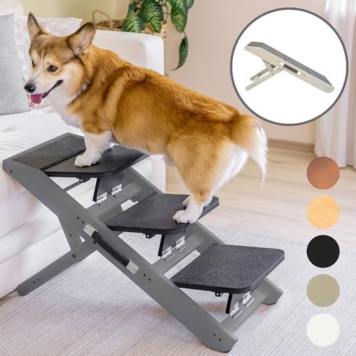 Hundetreppe für Bett & Sofa 2-in-1 Rampe - Höhenverstellbare 18-50 cm für Couch - für Kleine Hunde - Leicht zu Bewegen Haustiertreppe mit Absatzplattform, Grau