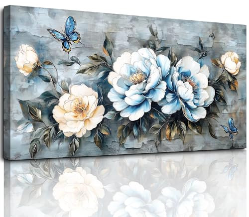 MHARTK66 Pfingstrose Blumen Leinwand Bilder, 50x100 cm Groß Wandbilder Wohnzimmer Schmetterlinge Bild Aesthetic, Modern Wanddeko Kunstdruck Schlafzimmer Esszimmer Büro Küche Badezimmer