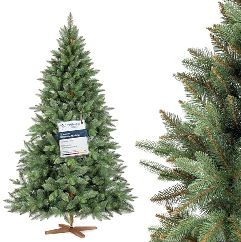 FAIRYTREES Weihnachtsbaum künstlich, Nordmanntanne Premium 180 cm, Naturgetreue Spritzguss Elemente, Künstlicher Weihnachtsbaum mit handgefertigtem Ständer aus Eschenholz