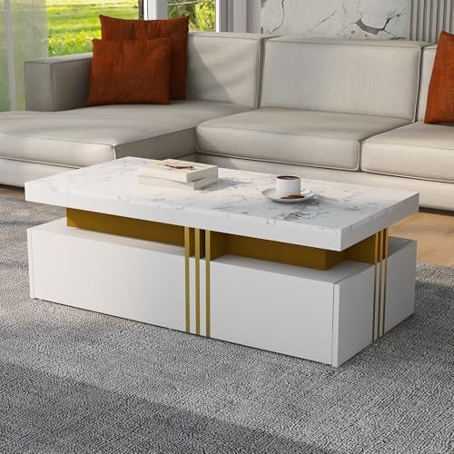 YESGIGA Moderner Lowboard TV-Schrank mit Marmor-Optik, TV-Board, TV-Kommode, Für Fernseher bis 90 Zoll (Weiß B)