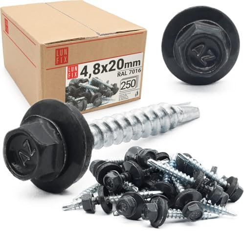 250x Vis autoforeuse metal 4,8x20 mm | RAL 7016 gris anthracite | vis autoperforante avec rondelles metal | vis à bois, vis bac acier, tirefond | Lun Fix