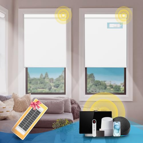 DENFOON Motorisierte Jalousien mit Fernbedienung, thermische elektrische Jalousien, Solarpanel, anpassbare automatische Rollos, Verdunkelungsrollos für Fenster, Upgrade auf intelligente Jalousien,