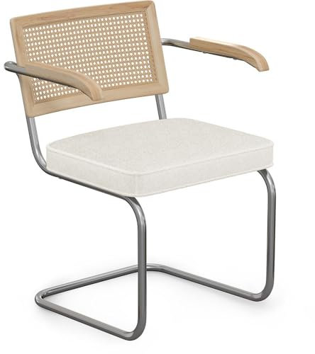 PRIVATEFLOOR Silla de Comedor con Reposabrazos - Tapizado en Tela Bouclé - Madera y Ratán - Birey