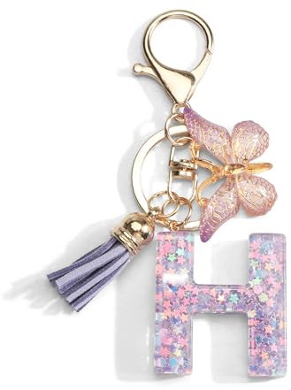 Schlüsselanhänger mit Buchstabe, Schmetterling Anhänger, Quaste Pailletten Frauen Schlüsselanhänger Geschenk, Mädchen Geburtstagsgeschenk, Lila (H)