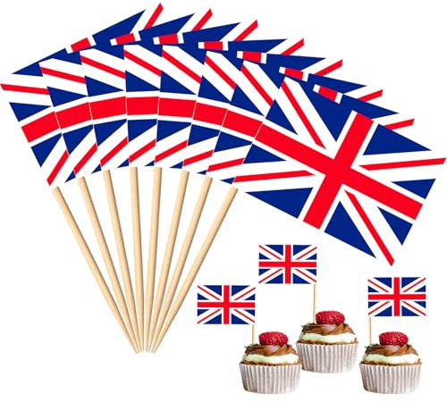 200 Pcs Small UK Flag Toothpick Toppers Picks, Mini British Union Jack Cupcake Flags on Wooden Sticks Tooth Picks for British National Day, King’s Coronation, Drinks, Cocktails, Desserts Decorations