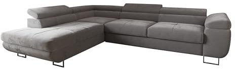 Ecksofa Luna mit Schlaffunktion und Bettkasten – 275x202 cm – verstellbare Kopfstützen – Liegefläche 193x125 cm – Couch – Schlafsofa – L-Sofa mit Stauraum (Monolith 84 Hellgrau, Seite: Links)