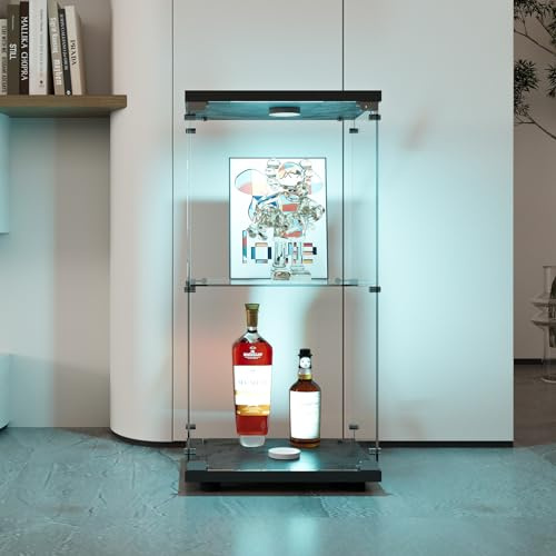 JiaOyu glasvitrinskåp, stående, vitrinskåp med LED-belysning och glasdörrar, glasskåp i 2 lager, dammsäker, stående vitrinskåp, glasskåp för vardagsrum, sovrum, kontor (svart/ljus, 2 lager)