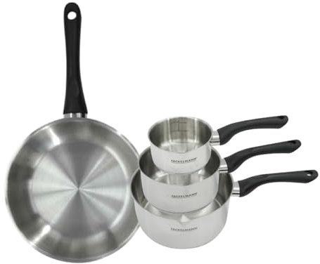 Fackelmann 9443650 Set poêle 28 cm et 3 casseroles 12 16 et 20 cm en inox 18/8, Poêle tous feux, Poêle induction, Poêle sans PFAS, Casserole tous feux, Acier inoxydable 18/8, 12 16 20 et 28 cm