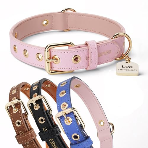 Leone Equipment Hundehalsband aus Leder-Mix | Lederhalsband-Hund verstellbar mit weicher Innenseite & Namensschild | Hundehalsband-Leder für Welpen, kleine & mittelgroße Hunde, Halsband-Hund (Rosa, M)
