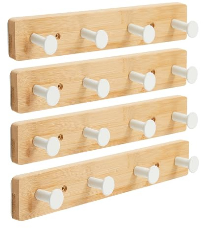Alex Nash Bamboo Coat Rack - Wall Mounted Coat Hooks with 4 Metal Pegs - Heavy-Duty Wooden Clothes Hook Rail for Hallway, Bedroom, Bathroom with Fixings Included - Black/White, 1/2/4 Pack (4, White)