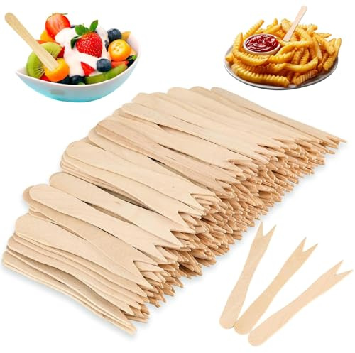ShanBye Holzgabeln,200 PCS 85 mm Pommespieker Naturholz Biologisch Abbaubar Pommes Piekser Pommes Frites Gabeln Pommesgabel Holzbesteck Holzlgabeln Besteck für Party Geburtstag Camping und Picknick