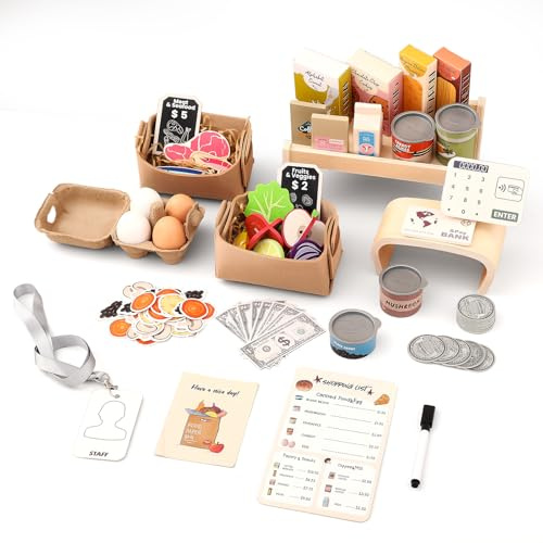 OESSUF Kasse Spielzeug für Kinder aus Holz, Kaufladen mit Regal & 50+ Teilen Zubehör, Lebensmittel-Spielzeug, Montessori Lernspielzeug, Geschenk für Jungen und Mädchen 3-8 Jahre