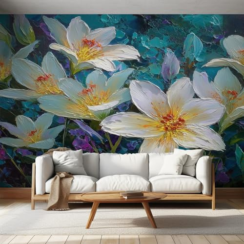 Generisch Vlies Fototapete Lilie 450x315 cm, Tapete Petrol Weiß Tapeten Vliestapete Wohnzimmer Blumen Ölgemälde Schlafzimmer Wandtapete Ornamente Mustertapete W&27