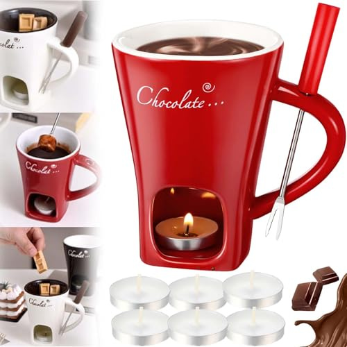 Chocolate Fondue Mug Set, Melting Chocolate Mug with 1 Forks and 6 Candle, Hot Chocolate Cup Fondue Set Gift Melt Hot Pot Bowl Cup for Cheese Chocolate Butter, for Office School Home