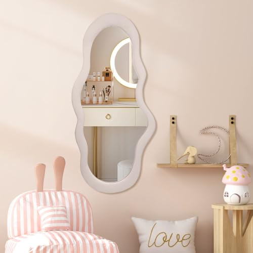 BST FURNH Kleiner Wolken-Spiegel grau – Exklusiver Ganzkörperspiegel mit Samt-Rahmen (112x54cm) – Designer Wandspiegel für Schlafzimmer, Bad & Wohnzimmer – Soft-Touch Wellenspiegel
