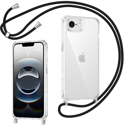 Coiwxmoi Coque pour iPhone 16e/SE 4/SE 2025 avec Cordon, Transparente [Anti-Jaunissement] [Antichoc] Coque TPU Bumper Silicone Housse avec Chaîne Lanière Collier Réglable Protection Case, Noir