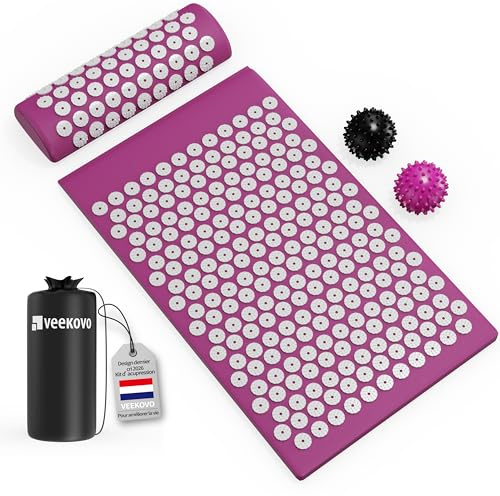 Kit d'acupression, Tapis d'Acupression + Coussin + Boule de Massage, Mal De Dos - Relaxation et Traitement de la Douleur, Soulage douleurs Dos et Cou (violet)