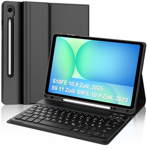 Hülle mit Tastatur für Samsung Tab S10 FE/ S9 FE 10.9 Zoll, S9 11 Zoll | Bluetooth Magnetische Tastatur Hülle für Samsung Galaxy Tab S10 FE/ S9FE/ S9 Abnehmbare Keyboard, Schwarz