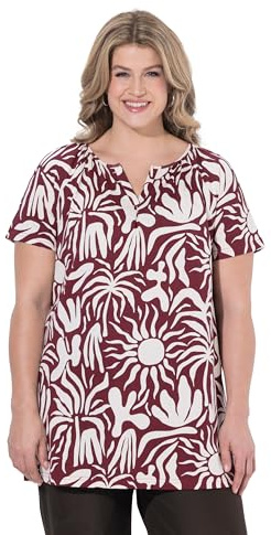 Ulla Popken Damen große Größen Übergrößen Plus Size T-Shirt, Blätter, Tunika-Ausschnitt, Cupärmel, Biobaumwolle rostrot 50+ 847808340-50+
