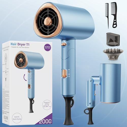Kryvoth Ionen-Föhn 2000W, klappbarer Haartrockner mit Diffusor, Hair Dryer | PRO-Schnelltrocknung, 3 Stufen + Kaltluft, Hitzeschutz, Anti-Frizz Salon Haarfön Haarpflege für Zuhause & unterwegs