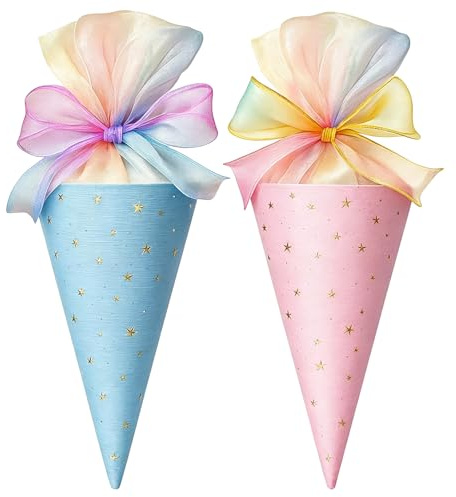 2 Stück Geschwister Schultüte, Kleine Schultüte Zum Befüllen, Mini Schultüten Aus Stoff, Für Schulfeiern Und Familienanlässe, Blau Und Rosa, 49x18.5 cm Baumwolltüten