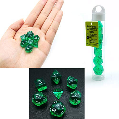 Bescon Mini Durchsichtig Polygonal Würfel Set 10mm- Small Transparente Mini Spielwürfel D&D Dice Set of 7, Kleine RPG - Rollenspiel Polyedrische Dice Set D4-D20 in Tube, Transparente Green