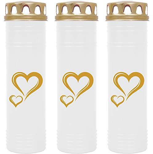 HScandle Grabkerze - 3er Pack - (Weiß mit goldenen Druck) Grablicht ca. 7 Tage Brenndauer je Kerze - Motiv: Herz