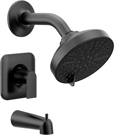 Moen Genta LX Matte Black Pressure Balancing Modern Shower Set with Showerhead Lever Handle, and Tub Spout, Posi-Temp Valve Required, T2473EPBL