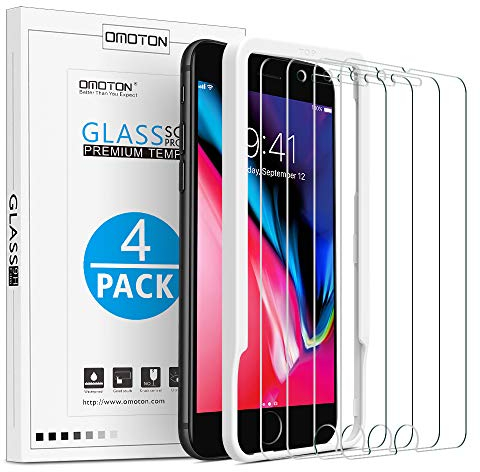 [4 Stück] OMOTON Schutzfolie kompatible mit iPhone 8 Plus und iPhone 7 Plus,mit Schablone,9H Härte, Anti-Kratzen, Anti-Öl, Anti-Bläschen, 2.5D