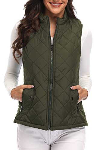Argstar - Chaleco acolchado ligero con bolsillos con cremallera para mujer (XS-2XL), Verde militar, S