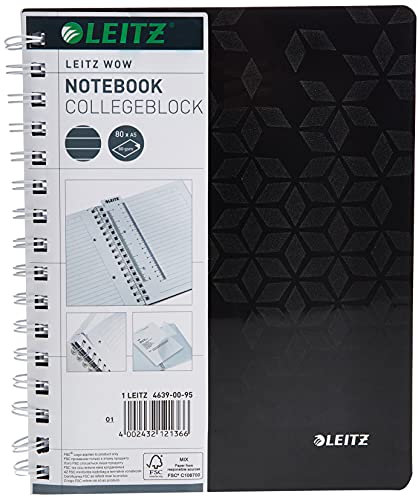 Leitz WOW Collegeblock A5 liniert, 160 Seiten, 80 Blatt FSC-zertifiziertes Papier 80 g/m², Doppelspiralbindung, PP-Einband, Notizbuch mit Sichthülle und Lineal, Für Büro oder Schule, Schwarz, 46390095