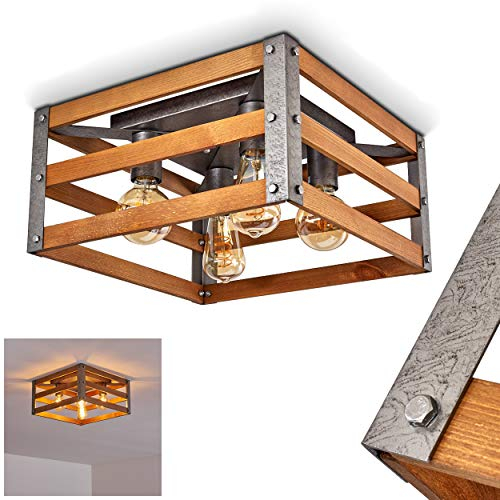 Plafoniera Mallard, in metallo/legno in argento/marrone, 4 luci, attacco lampadine E27, max. 28 Watt, ideale per lampadine a LED. Effetto luminoso sul soffitto. Stile retró/vintage