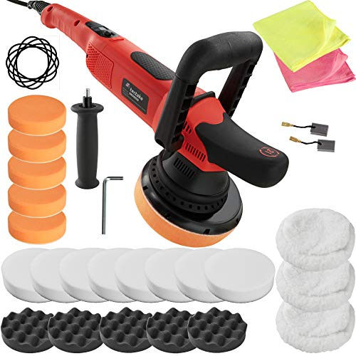 tectake® Pulidora Coche 810W Digital, Con Mango Curvo y Recto Adicional, Esponja de Pulido, 2 Carbones de Repuesto, Regulable, Pulido, Abrillantado, Pulimento Coche - Pulidora + Set de 25 piezas