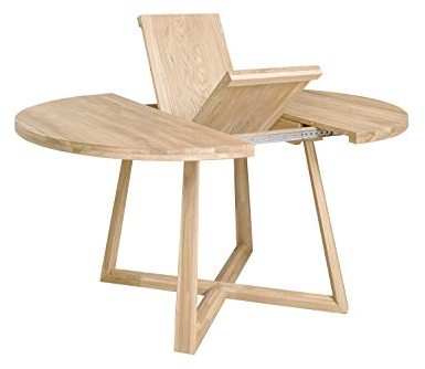 Nordic Story Esstisch Moby (rund, ausziehbar) • Tisch mit gekreuzten Beinen • Massivholz (Eiche) • Eiche Gebleicht • Runder Ausziehtisch (120-160 x 120 x 75 cm)