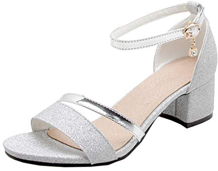 MISSUIT Damen Riemchensandaletten Glitzer Sandaletten mit Blockabsatz 5cm Absatz Open Toe Sandalen Schuhe(Silber,40)