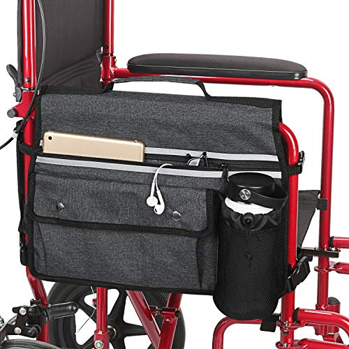 Wheelchair Storage Bag, Double-Sided Armrest Pouch with Cup Holder and Reflective Strip, for Wheelchairs and Walkers (Black)