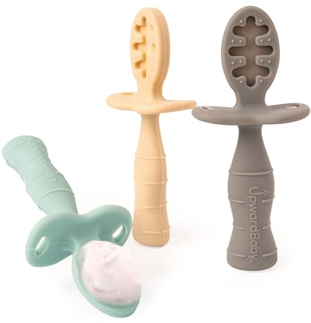 Upward Baby 3 Pack Silicone Baby Feeding Spoon with Anti-Choke Barrier - Baby Spoons Self Feeding 6 Months - First Stage Infant Supplies and Toddler Utensils - Baby Led Weaning Soft-Tip Training Spoon
